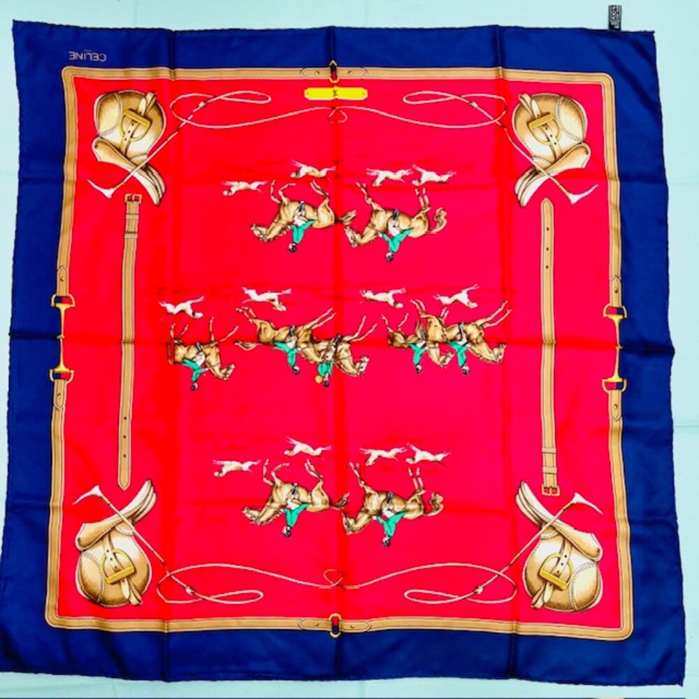 Unused-CELINE Paris 100% SilkScarf 34" x34" Red Blue Hourses Dogs Italy Made(59 - Picture 10 of 15